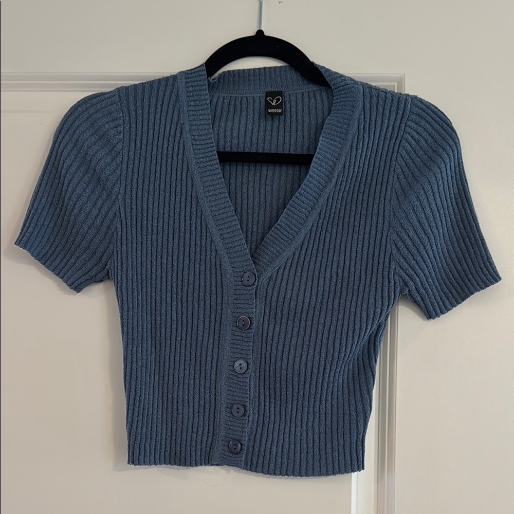 Blue Ribbed Short Sleeve Cardigan